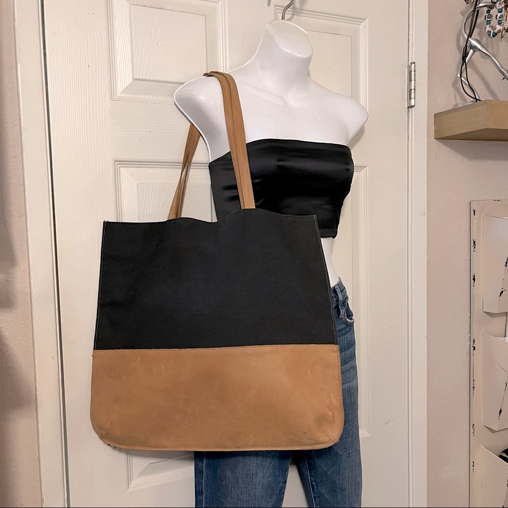 Hearth & Hand with Magnolia Dark Grey Canvas & Distressed Tan Leather Tote Bag